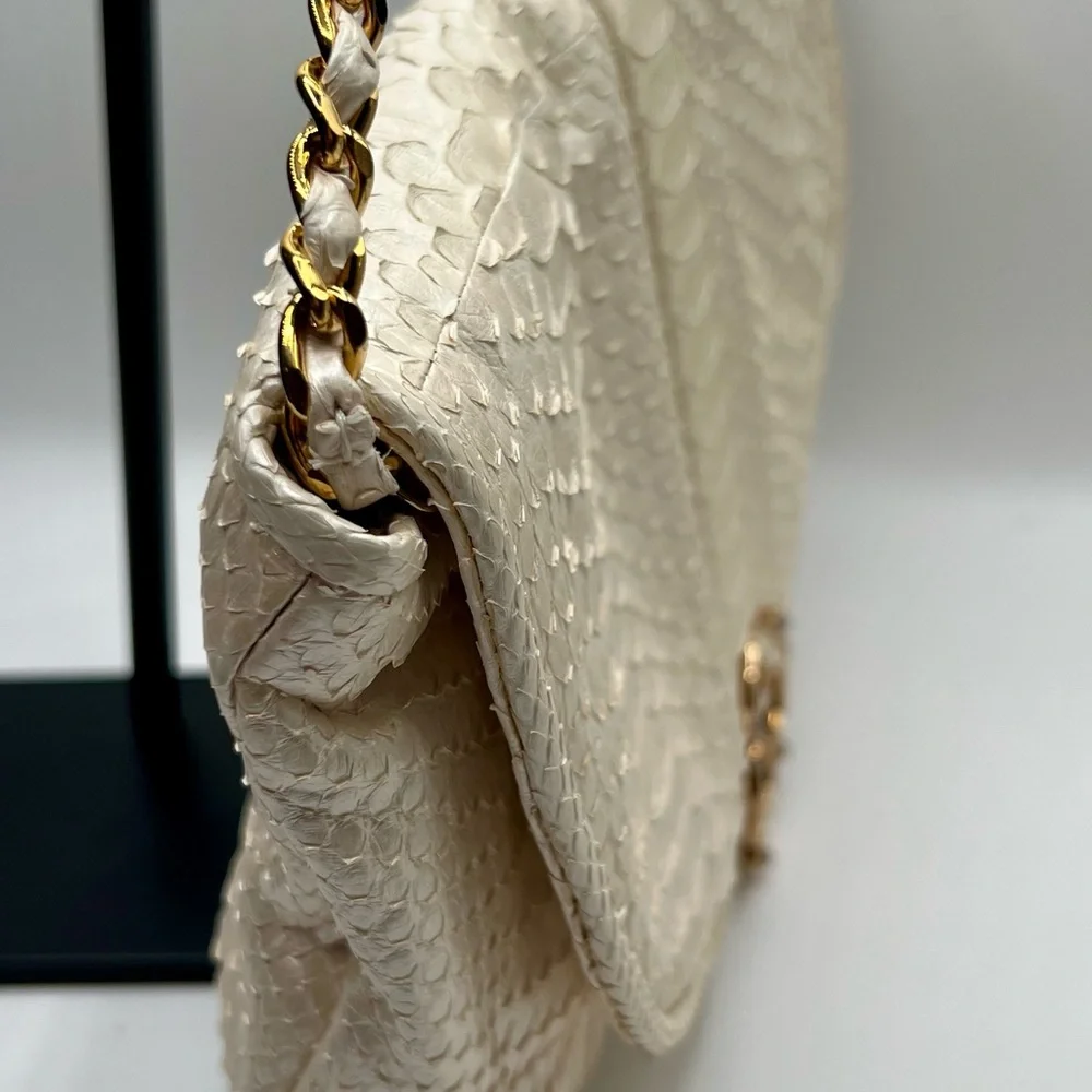 Cream and Gold Textured Shoulder Bag with Chain Handle
